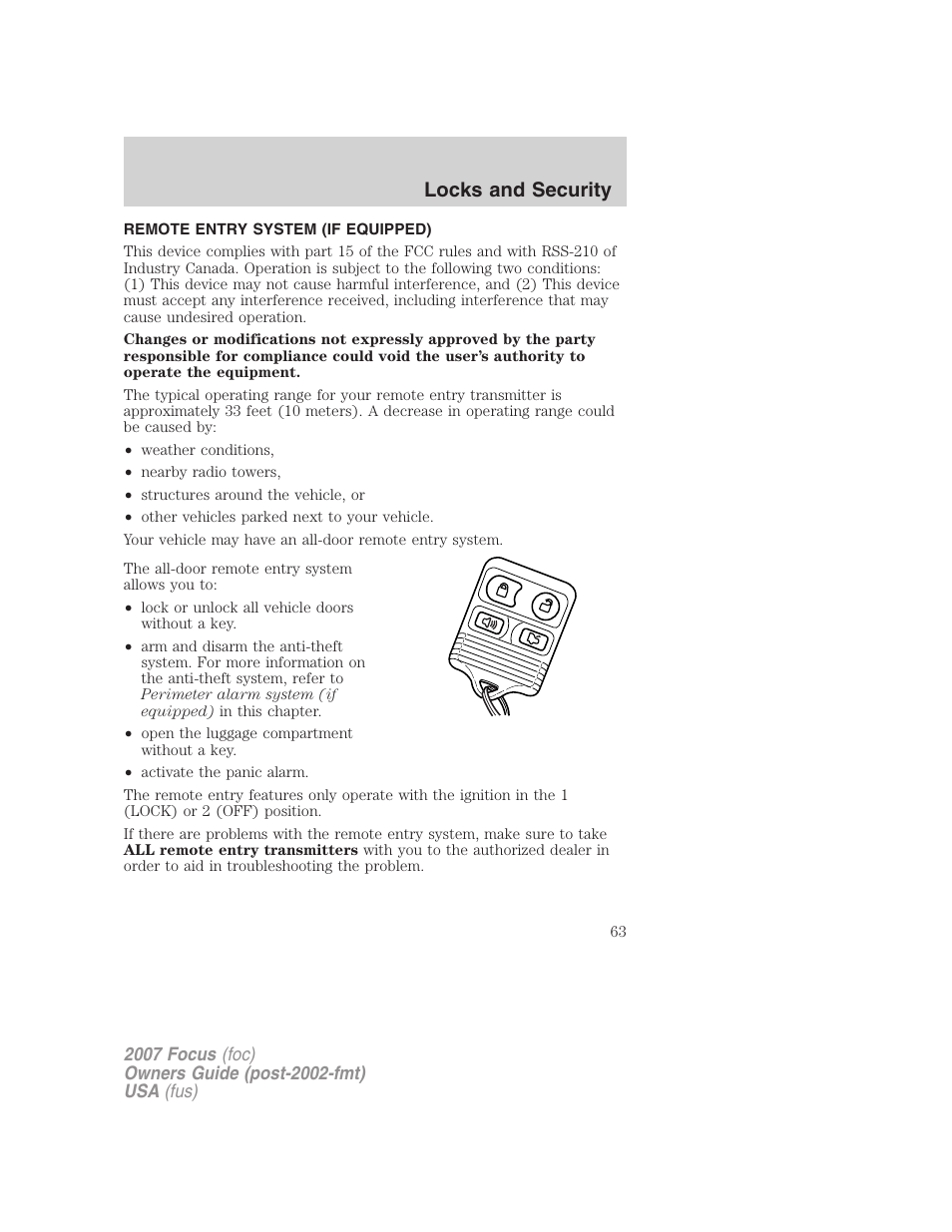 Remote entry system (if equipped), Locks and security | FORD 2007 Focus v.3 User Manual | Page 63 / 232