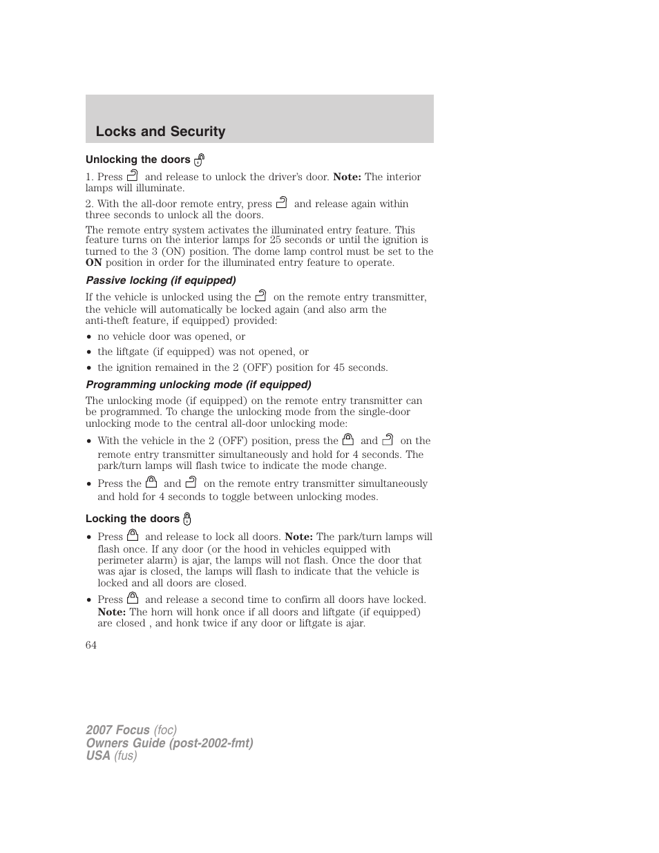 Unlocking the doors, Passive locking (if equipped), Programming unlocking mode (if equipped) | Locking the doors, Locks and security | FORD 2007 Focus v.3 User Manual | Page 64 / 232