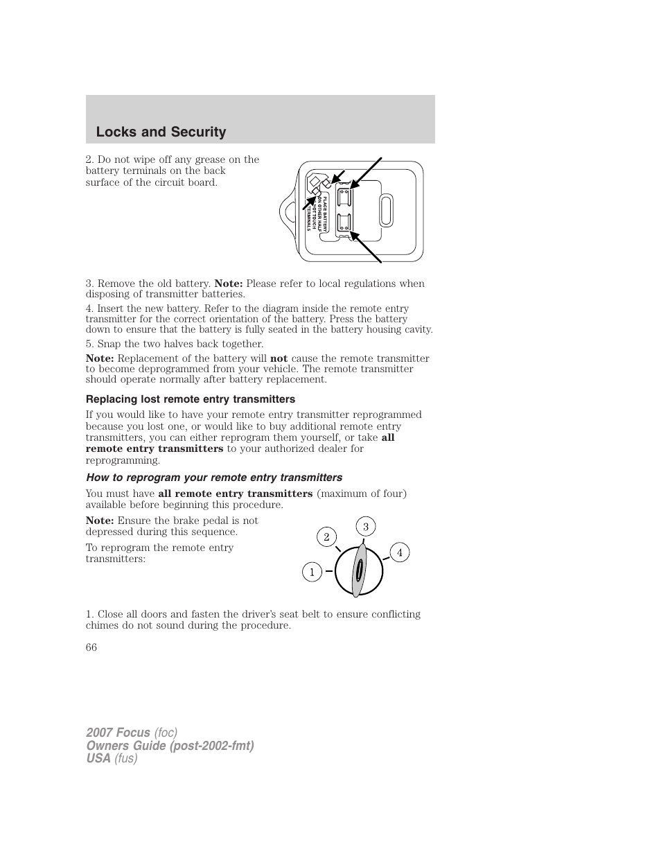 Replacing lost remote entry transmitters, How to reprogram your remote entry transmitters, Locks and security | FORD 2007 Focus v.3 User Manual | Page 66 / 232