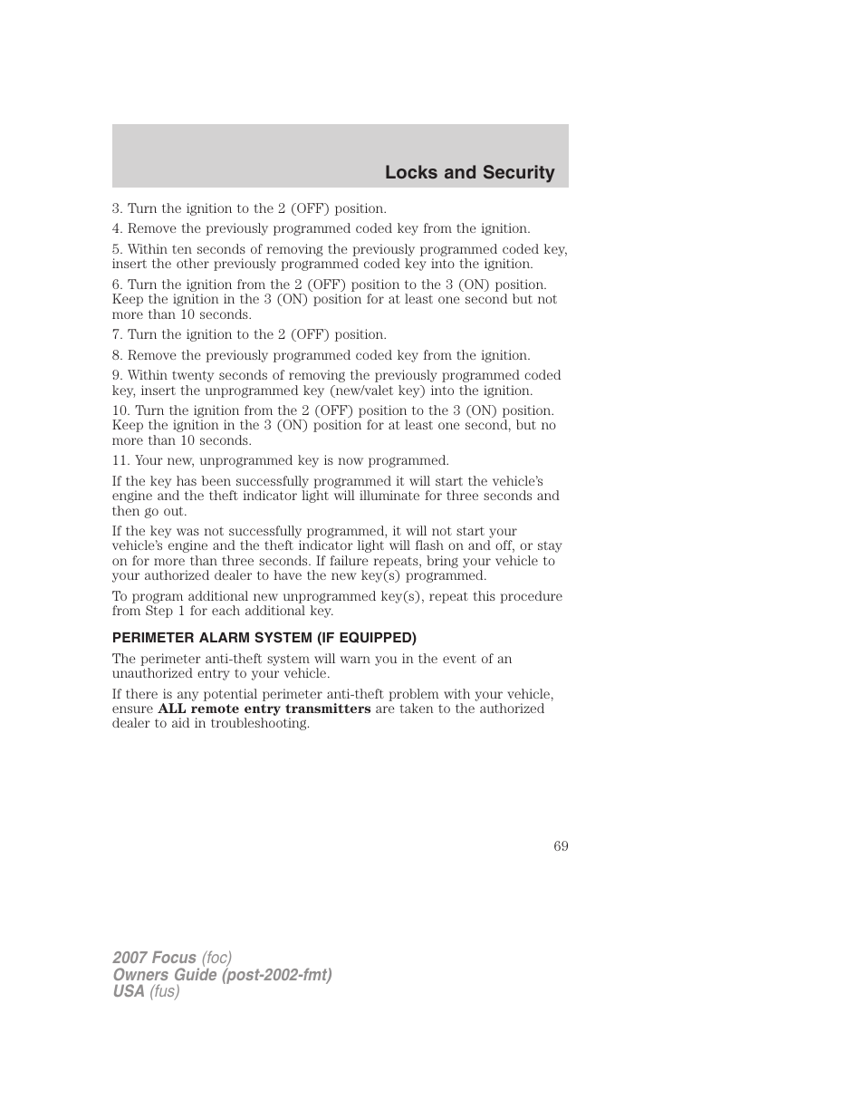 Perimeter alarm system (if equipped), Locks and security | FORD 2007 Focus v.3 User Manual | Page 69 / 232