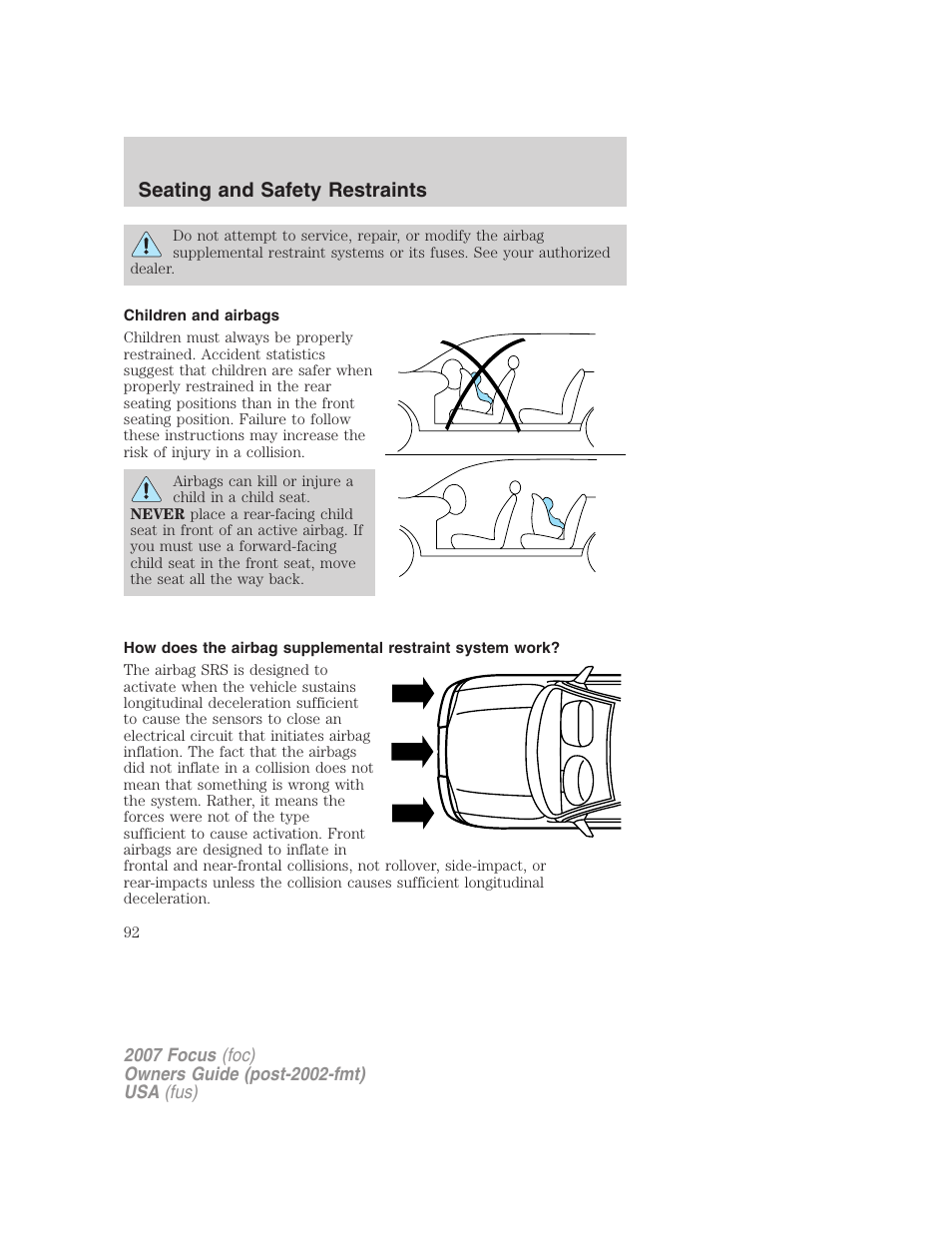 Children and airbags, Seating and safety restraints | FORD 2007 Focus v.3 User Manual | Page 92 / 232