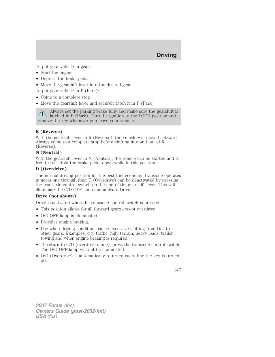 Driving | FORD 2007 Focus v.4 User Manual | Page 147 / 232