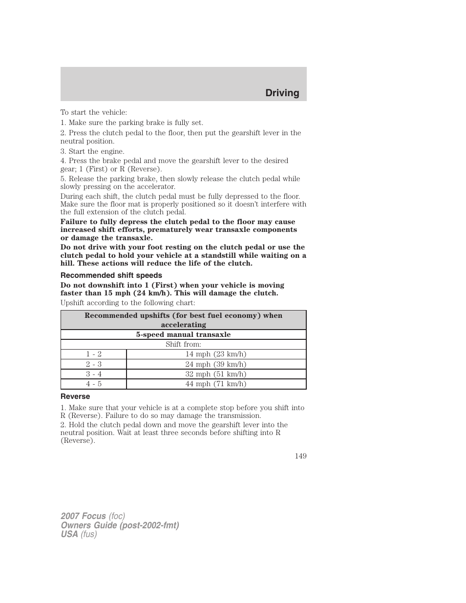 Recommended shift speeds, Reverse, Driving | FORD 2007 Focus v.4 User Manual | Page 149 / 232