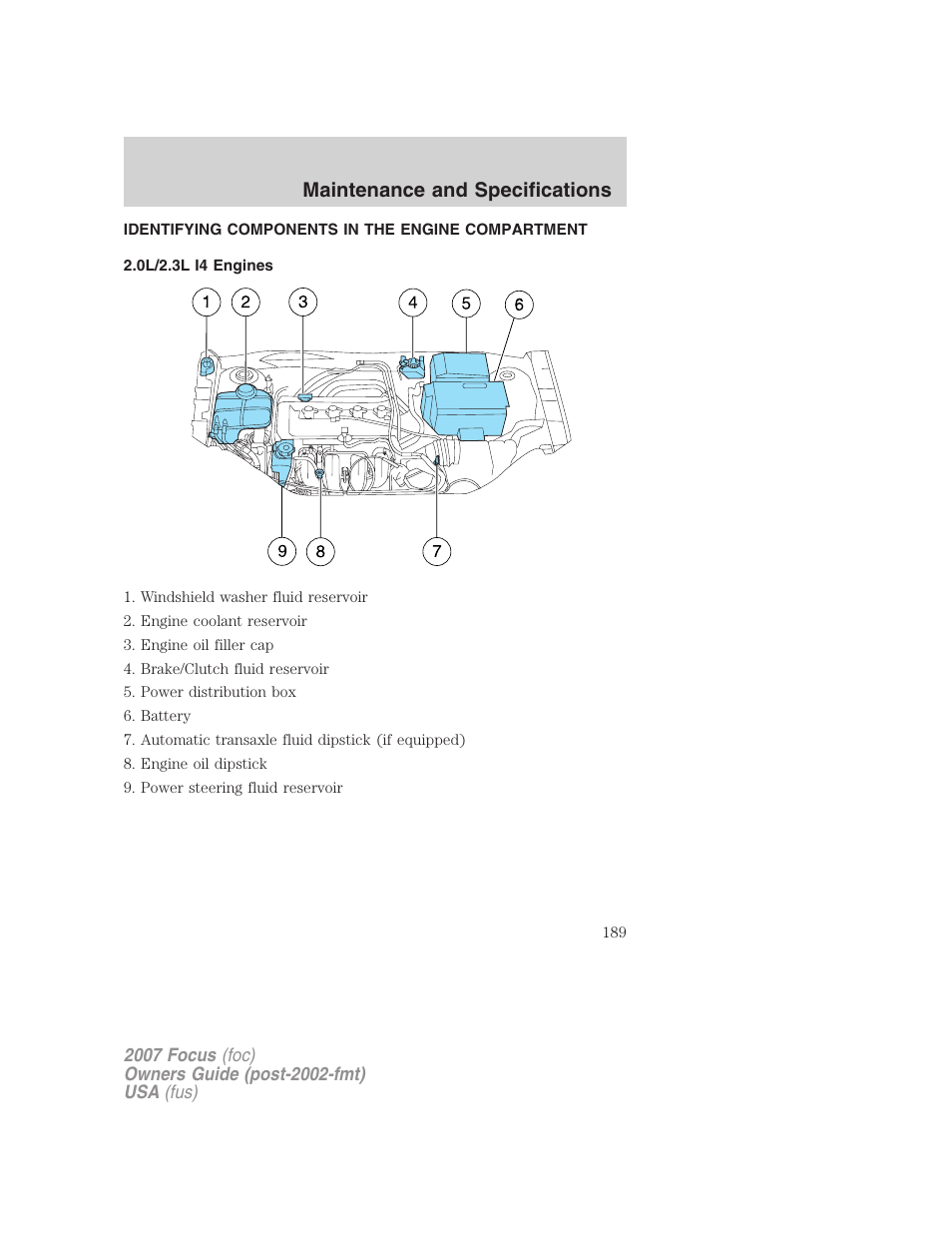 Identifying components in the engine compartment, 0l/2.3l i4 engines, Engine compartment | Maintenance and specifications | FORD 2007 Focus v.4 User Manual | Page 189 / 232