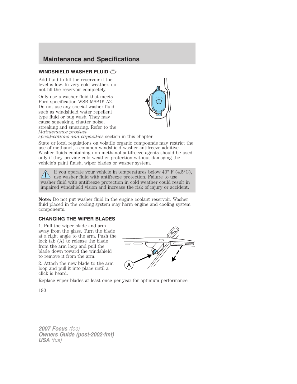 Windshield washer fluid, Changing the wiper blades, Maintenance and specifications | FORD 2007 Focus v.4 User Manual | Page 190 / 232