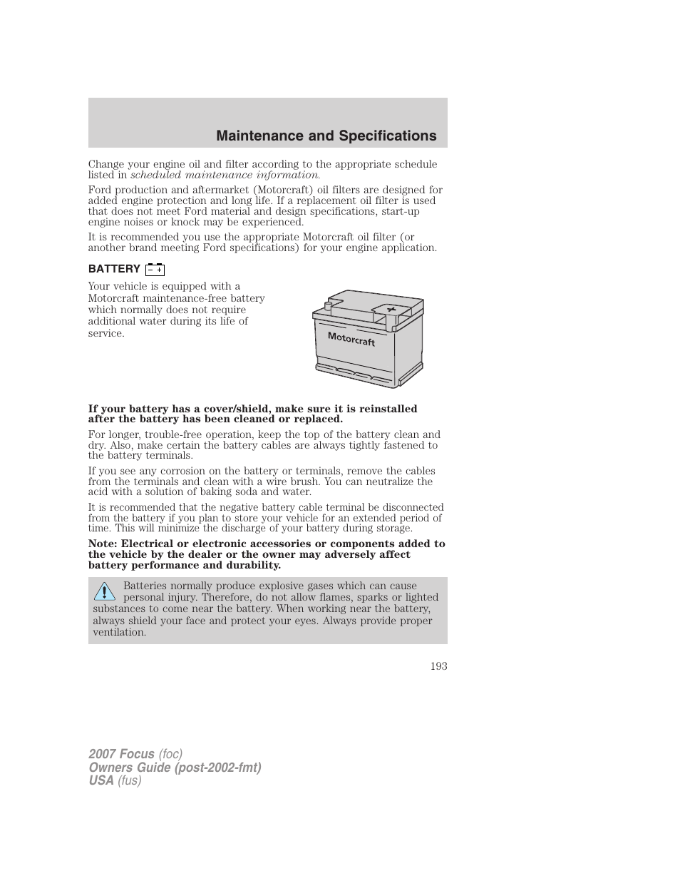 Battery, Maintenance and specifications | FORD 2007 Focus v.4 User Manual | Page 193 / 232
