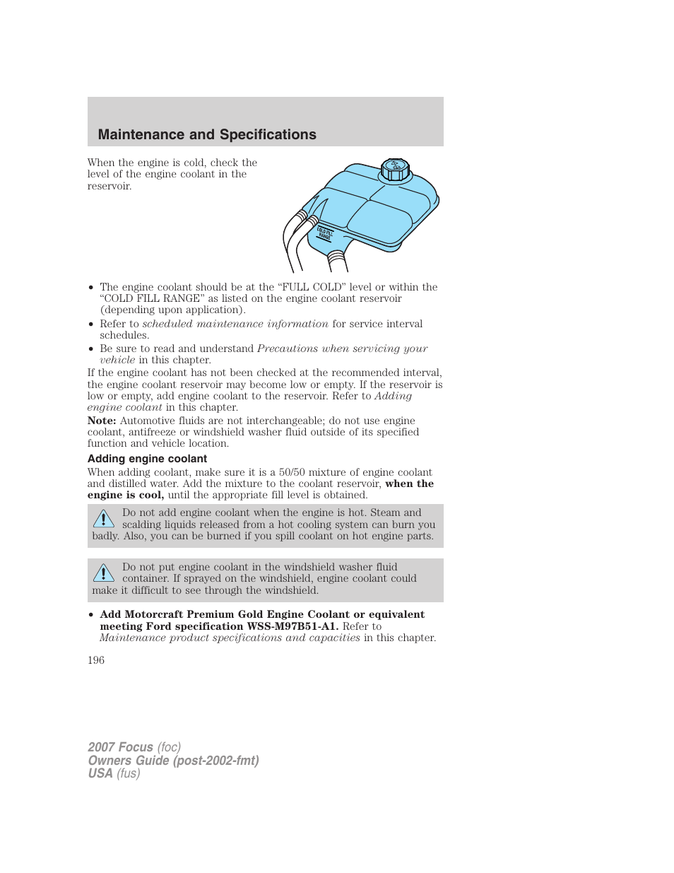 Adding engine coolant, Maintenance and specifications | FORD 2007 Focus v.4 User Manual | Page 196 / 232