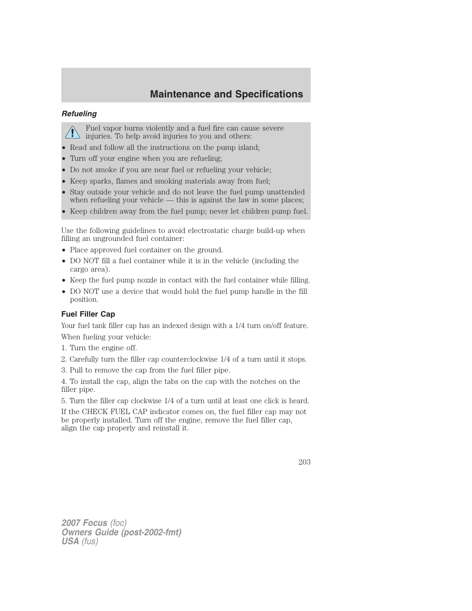 Refueling, Fuel filler cap, Maintenance and specifications | FORD 2007 Focus v.4 User Manual | Page 203 / 232