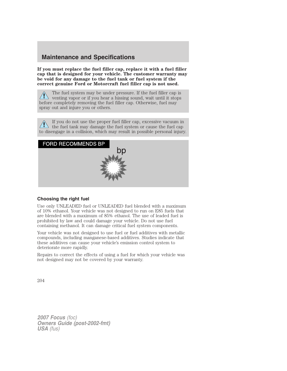 Choosing the right fuel, Maintenance and specifications | FORD 2007 Focus v.4 User Manual | Page 204 / 232