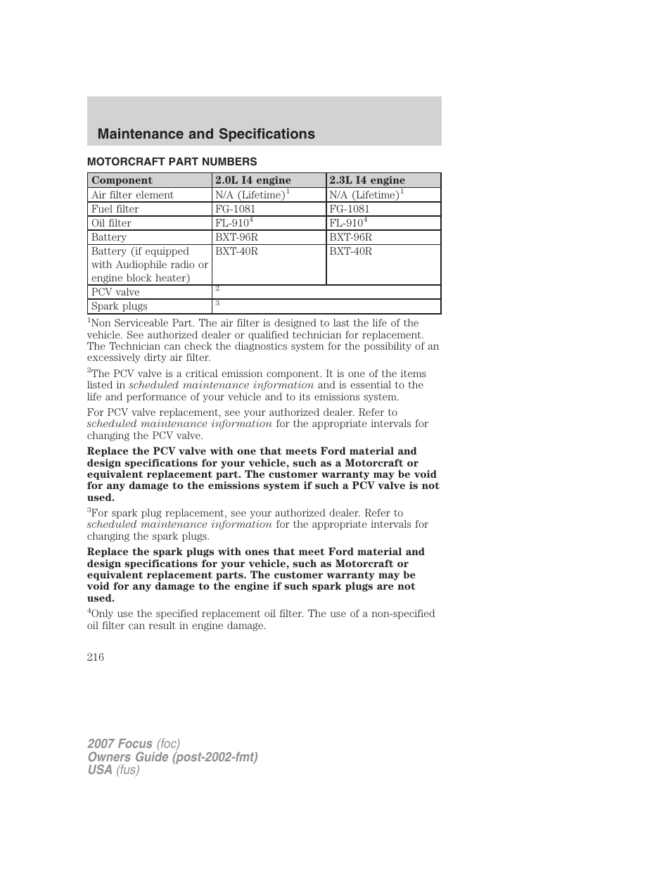 Motorcraft part numbers, Part numbers, Maintenance and specifications | FORD 2007 Focus v.4 User Manual | Page 216 / 232