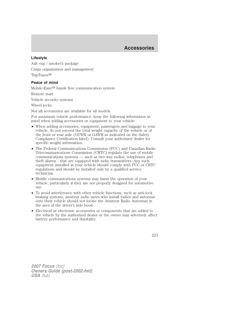 Lifestyle, Peace of mind, Accessories | FORD 2007 Focus v.4 User Manual | Page 223 / 232