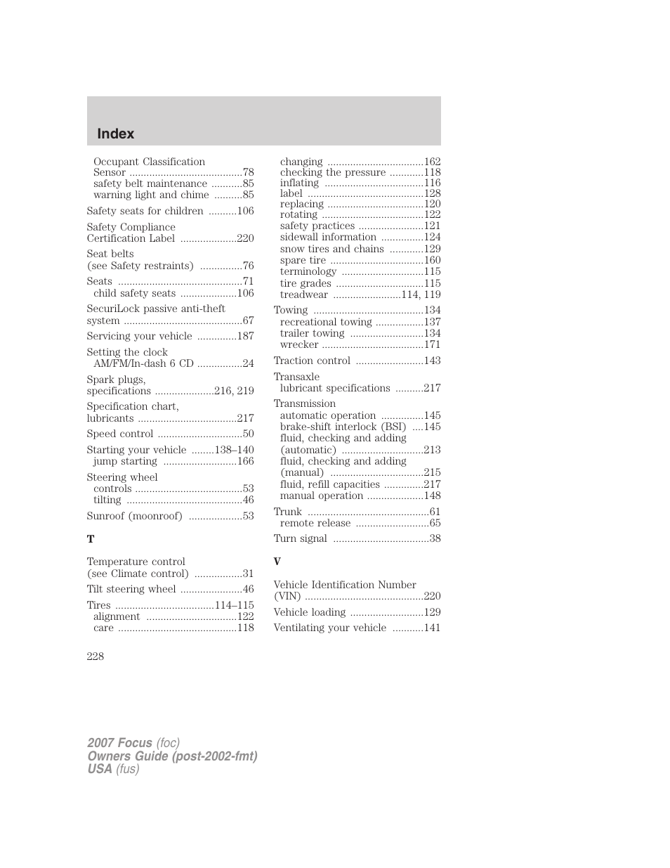 Index | FORD 2007 Focus v.4 User Manual | Page 228 / 232