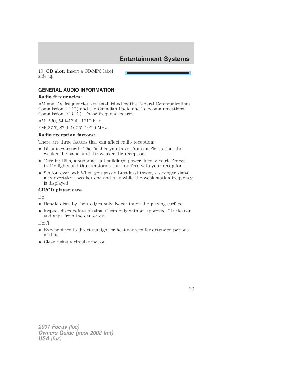 General audio information, Entertainment systems | FORD 2007 Focus v.4 User Manual | Page 29 / 232