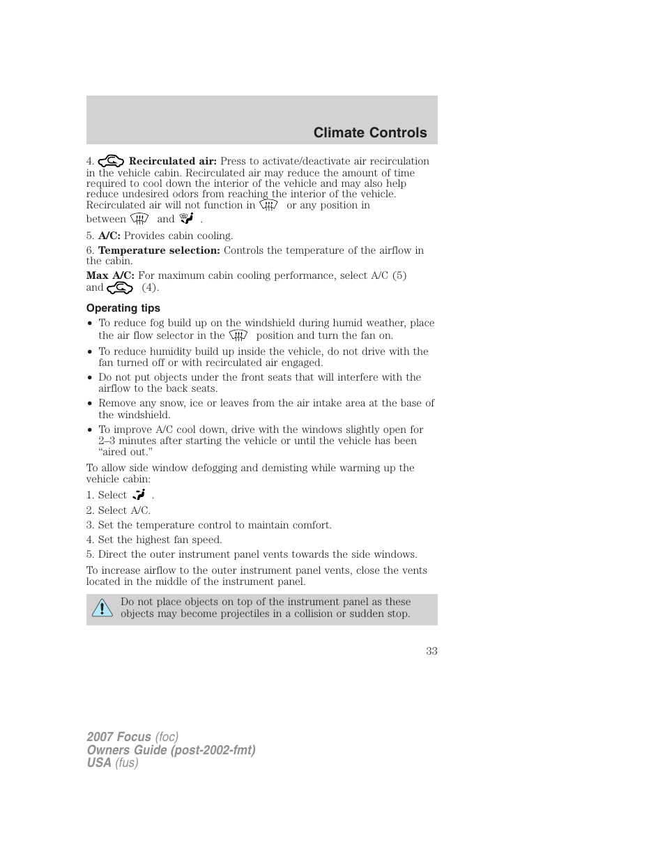 Operating tips, Climate controls | FORD 2007 Focus v.4 User Manual | Page 33 / 232