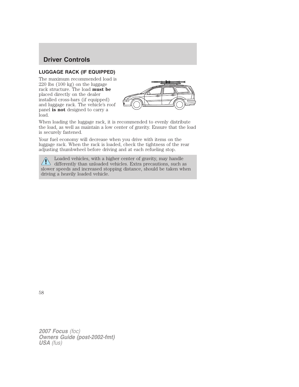 Luggage rack (if equipped), Driver controls | FORD 2007 Focus v.4 User Manual | Page 58 / 232
