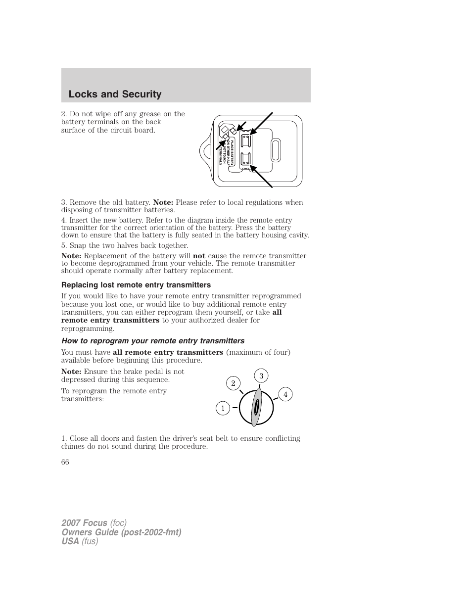 Replacing lost remote entry transmitters, How to reprogram your remote entry transmitters, Locks and security | FORD 2007 Focus v.4 User Manual | Page 66 / 232