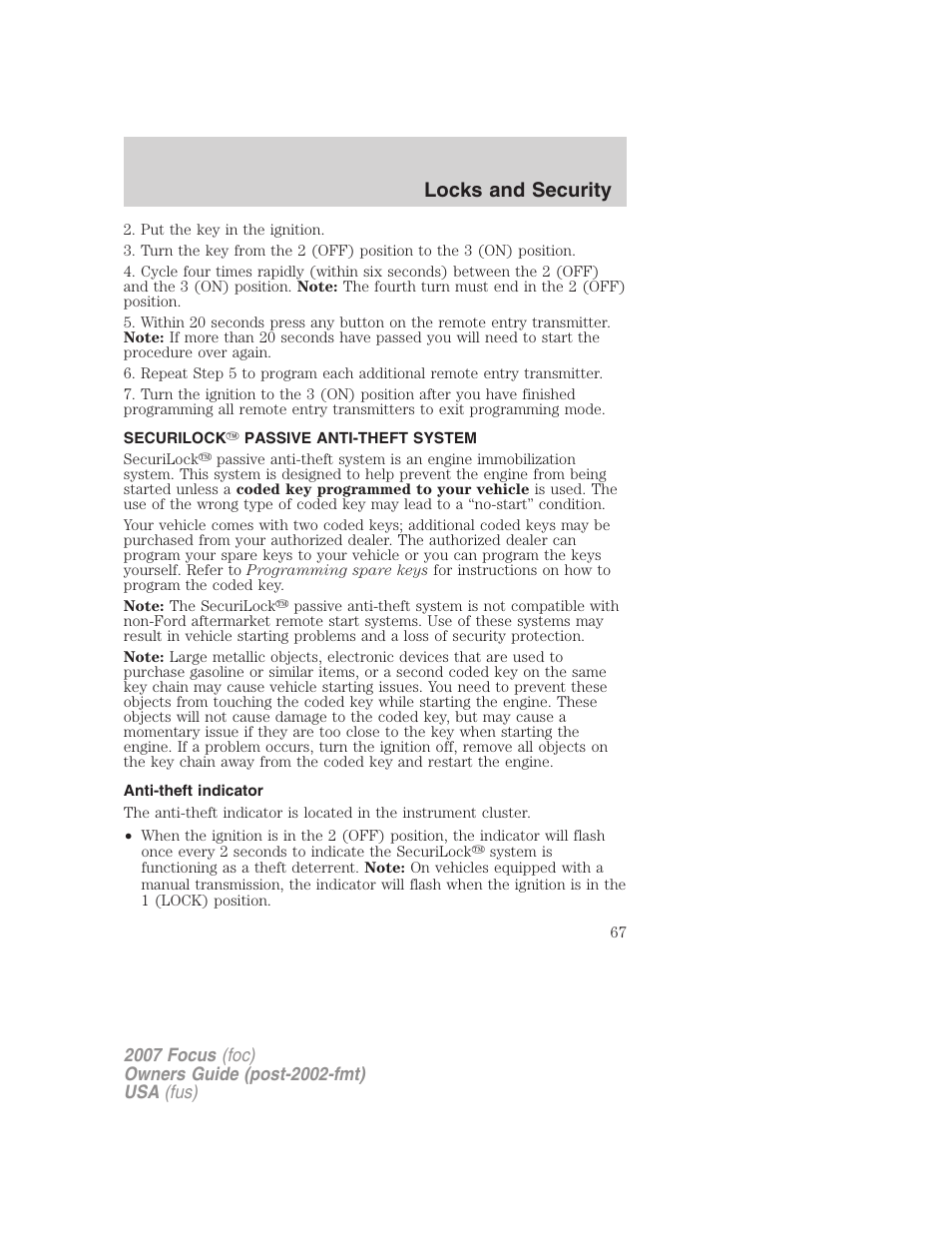 Securilock passive anti-theft system, Anti-theft indicator, Anti-theft system | Locks and security | FORD 2007 Focus v.4 User Manual | Page 67 / 232