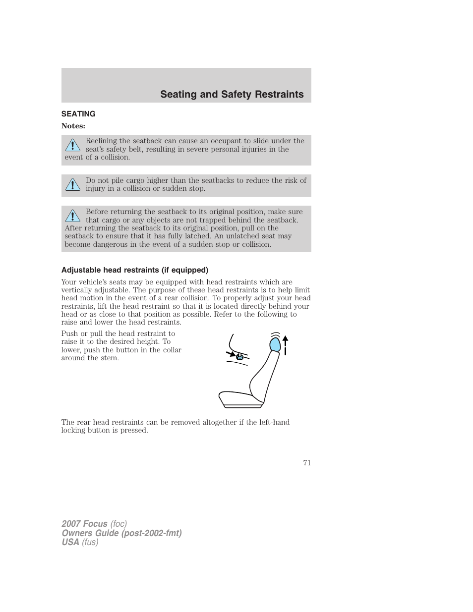 Seating and safety restraints, Seating, Adjustable head restraints (if equipped) | FORD 2007 Focus v.4 User Manual | Page 71 / 232