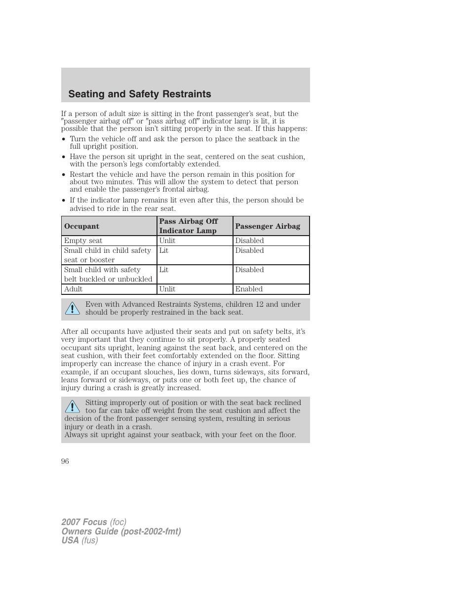 Seating and safety restraints | FORD 2007 Focus v.4 User Manual | Page 96 / 232