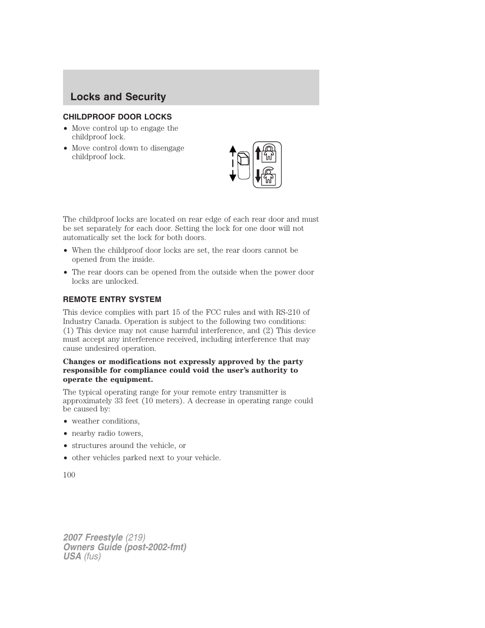 Childproof door locks, Remote entry system, Locks and security | FORD 2007 Freestyle v.1 User Manual | Page 100 / 296
