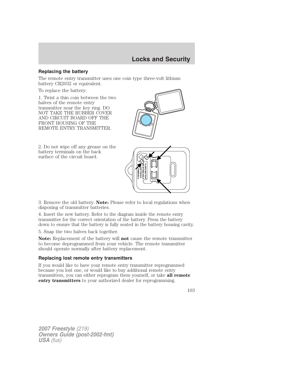 Replacing the battery, Replacing lost remote entry transmitters, Locks and security | FORD 2007 Freestyle v.1 User Manual | Page 103 / 296