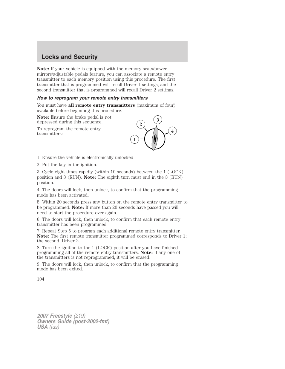 How to reprogram your remote entry transmitters, Locks and security | FORD 2007 Freestyle v.1 User Manual | Page 104 / 296