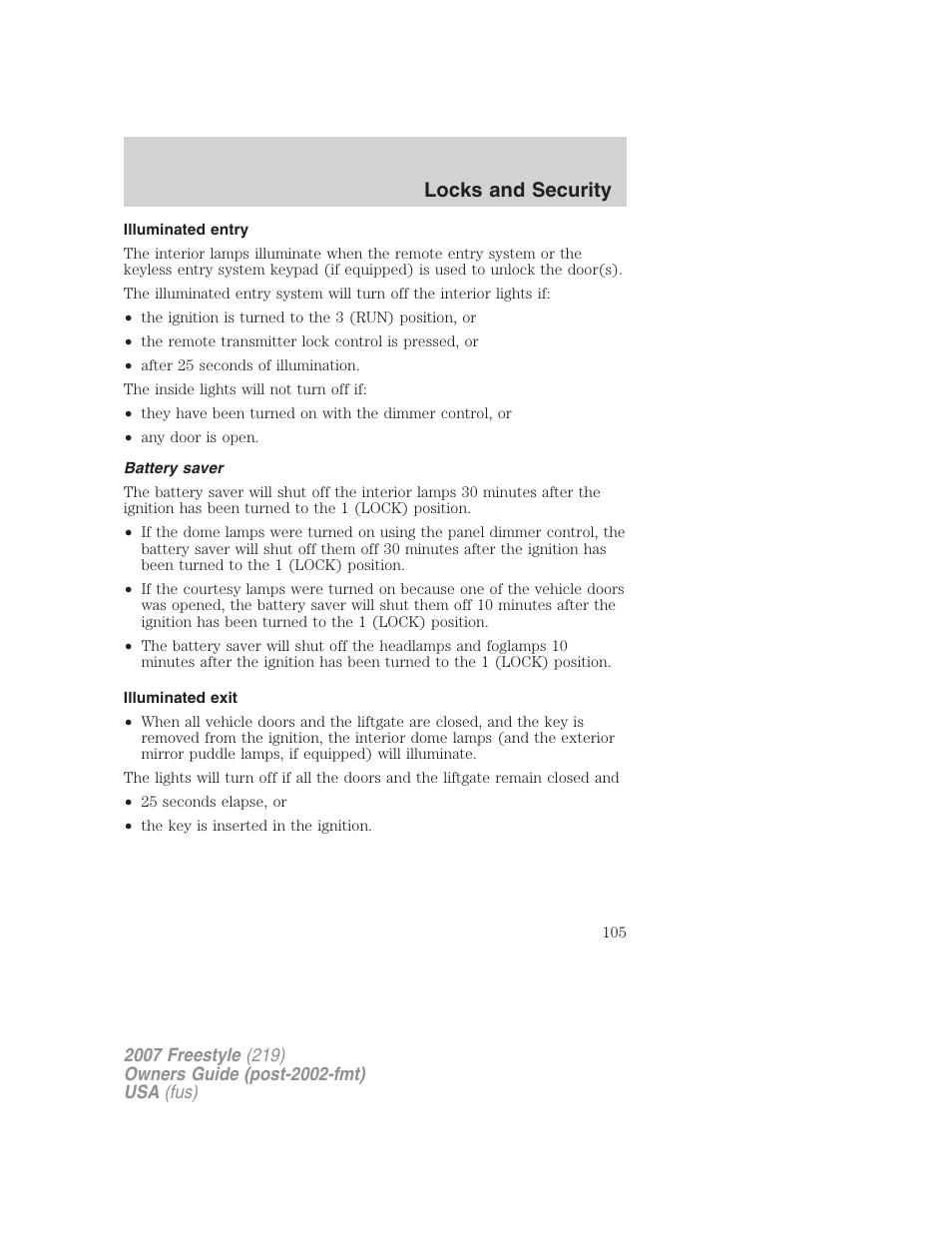 Illuminated entry, Battery saver, Illuminated exit | Locks and security | FORD 2007 Freestyle v.1 User Manual | Page 105 / 296