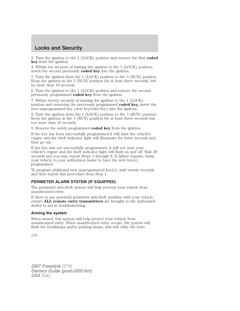 Perimeter alarm system (if equipped), Arming the system, Locks and security | FORD 2007 Freestyle v.1 User Manual | Page 110 / 296