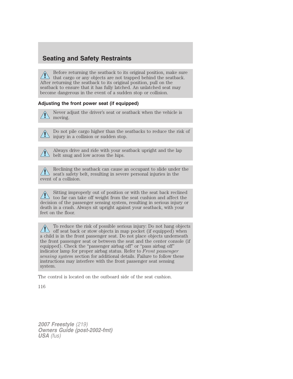 Adjusting the front power seat (if equipped), Seating and safety restraints | FORD 2007 Freestyle v.1 User Manual | Page 116 / 296