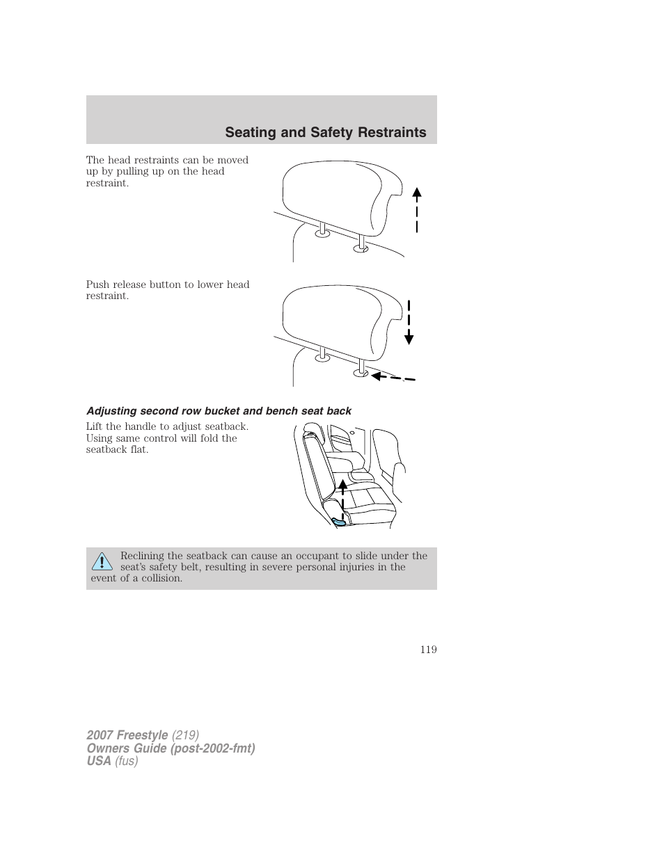 Adjusting second row bucket and bench seat back, Seating and safety restraints | FORD 2007 Freestyle v.1 User Manual | Page 119 / 296