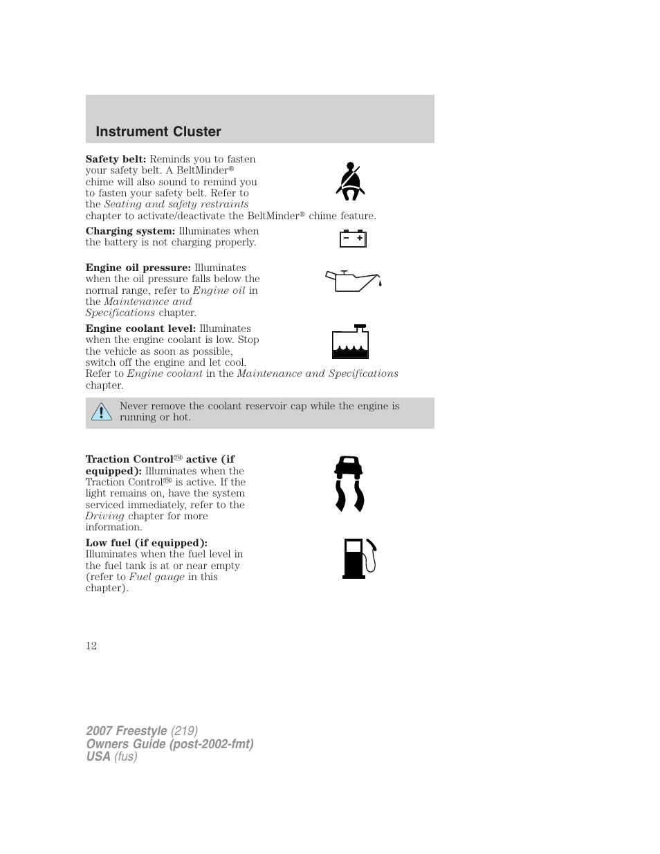 Instrument cluster | FORD 2007 Freestyle v.1 User Manual | Page 12 / 296