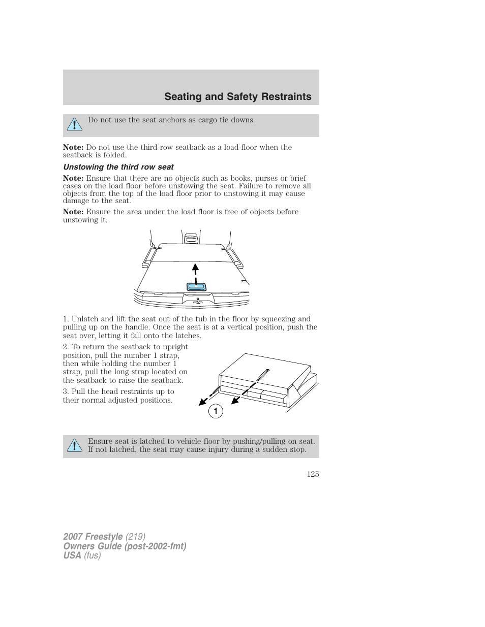 Unstowing the third row seat, Seating and safety restraints | FORD 2007 Freestyle v.1 User Manual | Page 125 / 296