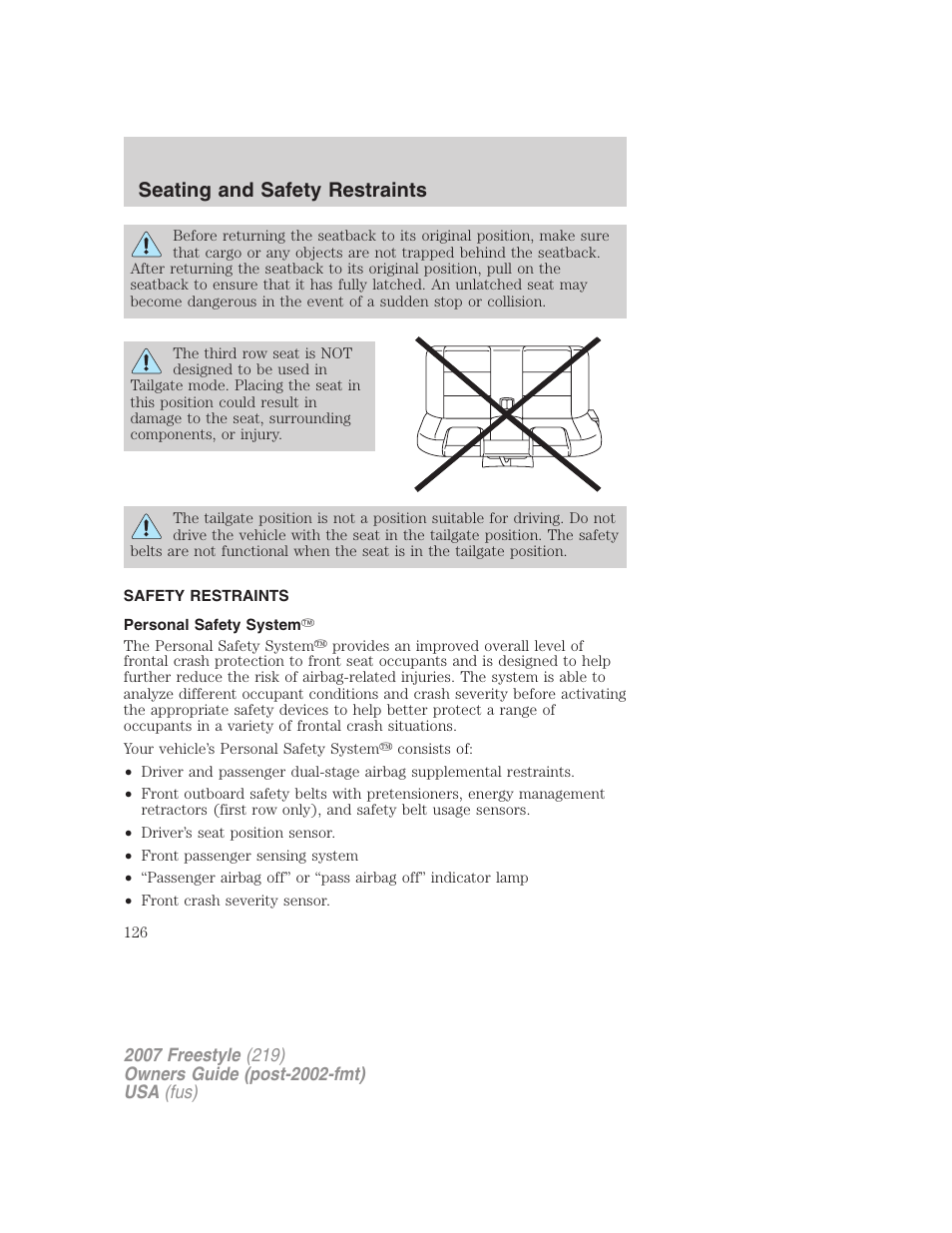 Safety restraints, Personal safety system, Seating and safety restraints | FORD 2007 Freestyle v.1 User Manual | Page 126 / 296