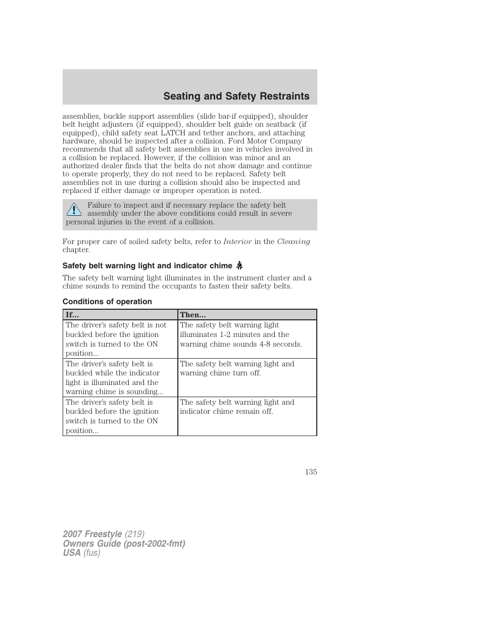 Safety belt warning light and indicator chime, Conditions of operation, Seating and safety restraints | FORD 2007 Freestyle v.1 User Manual | Page 135 / 296