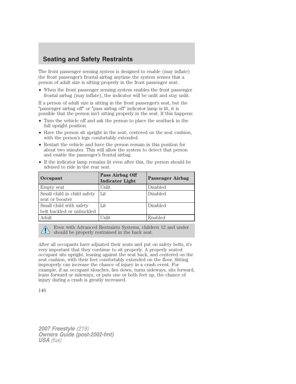 Seating and safety restraints | FORD 2007 Freestyle v.1 User Manual | Page 146 / 296