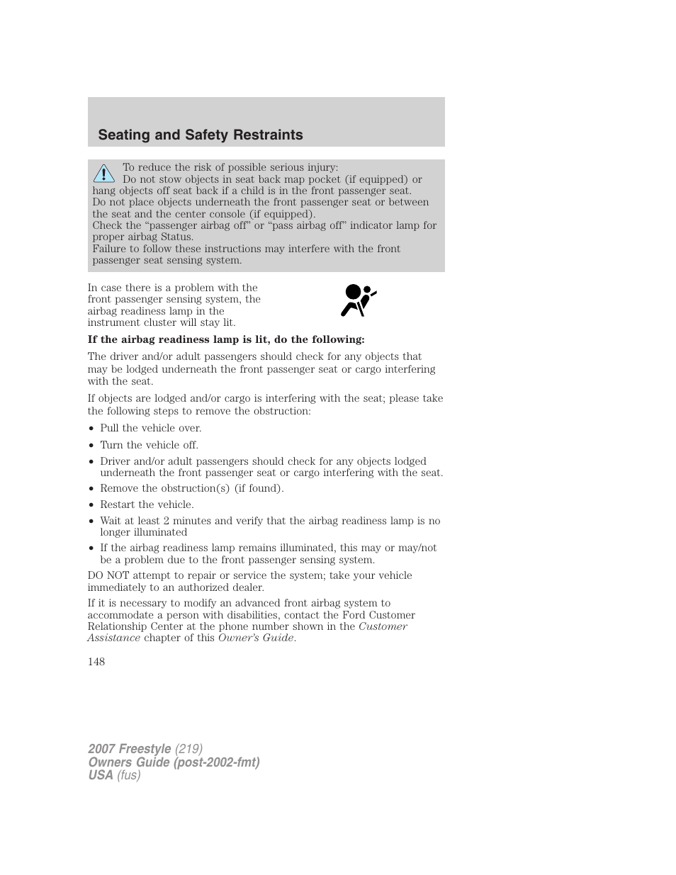 Seating and safety restraints | FORD 2007 Freestyle v.1 User Manual | Page 148 / 296