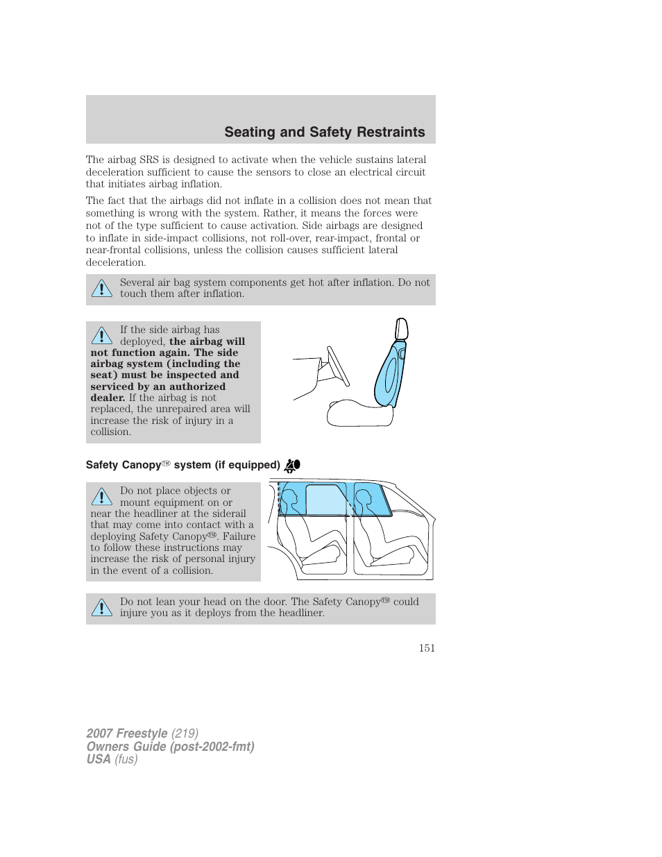 Safety canopy system (if equipped), Seating and safety restraints | FORD 2007 Freestyle v.1 User Manual | Page 151 / 296