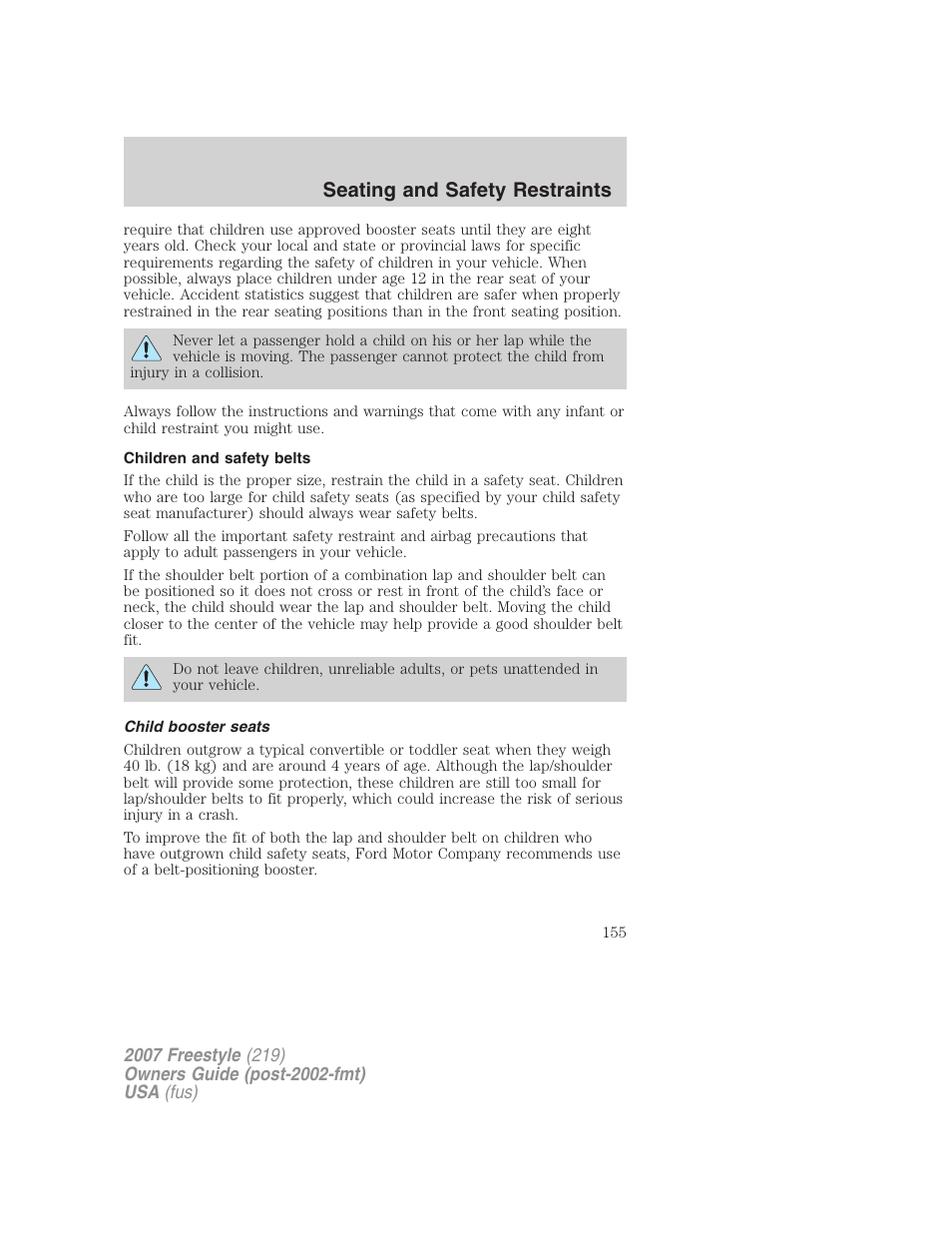 Children and safety belts, Child booster seats, Seating and safety restraints | FORD 2007 Freestyle v.1 User Manual | Page 155 / 296