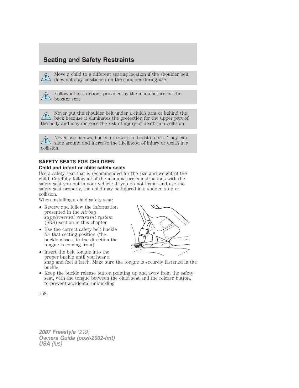 Safety seats for children, Child and infant or child safety seats, Seating and safety restraints | FORD 2007 Freestyle v.1 User Manual | Page 158 / 296