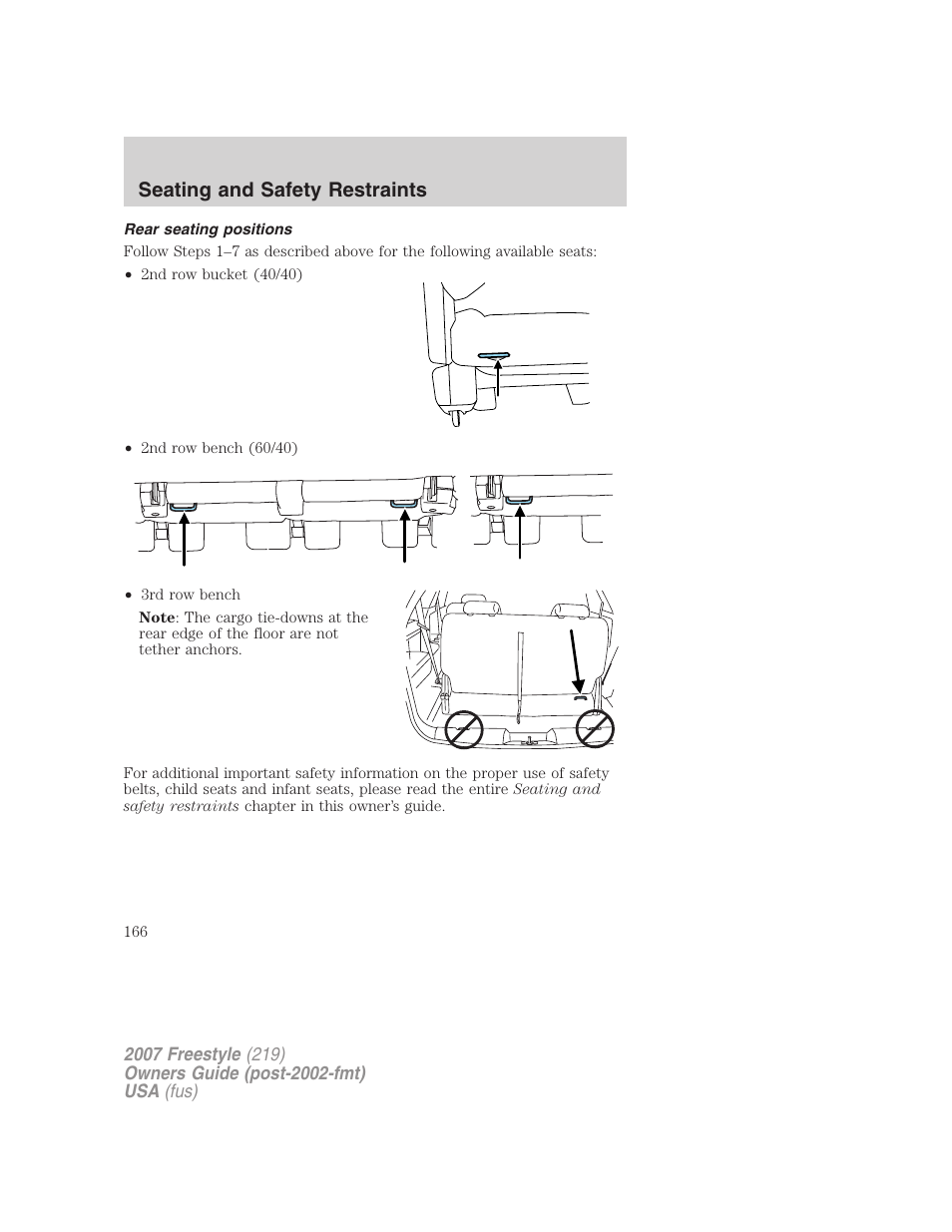 Rear seating positions, Seating and safety restraints | FORD 2007 Freestyle v.1 User Manual | Page 166 / 296