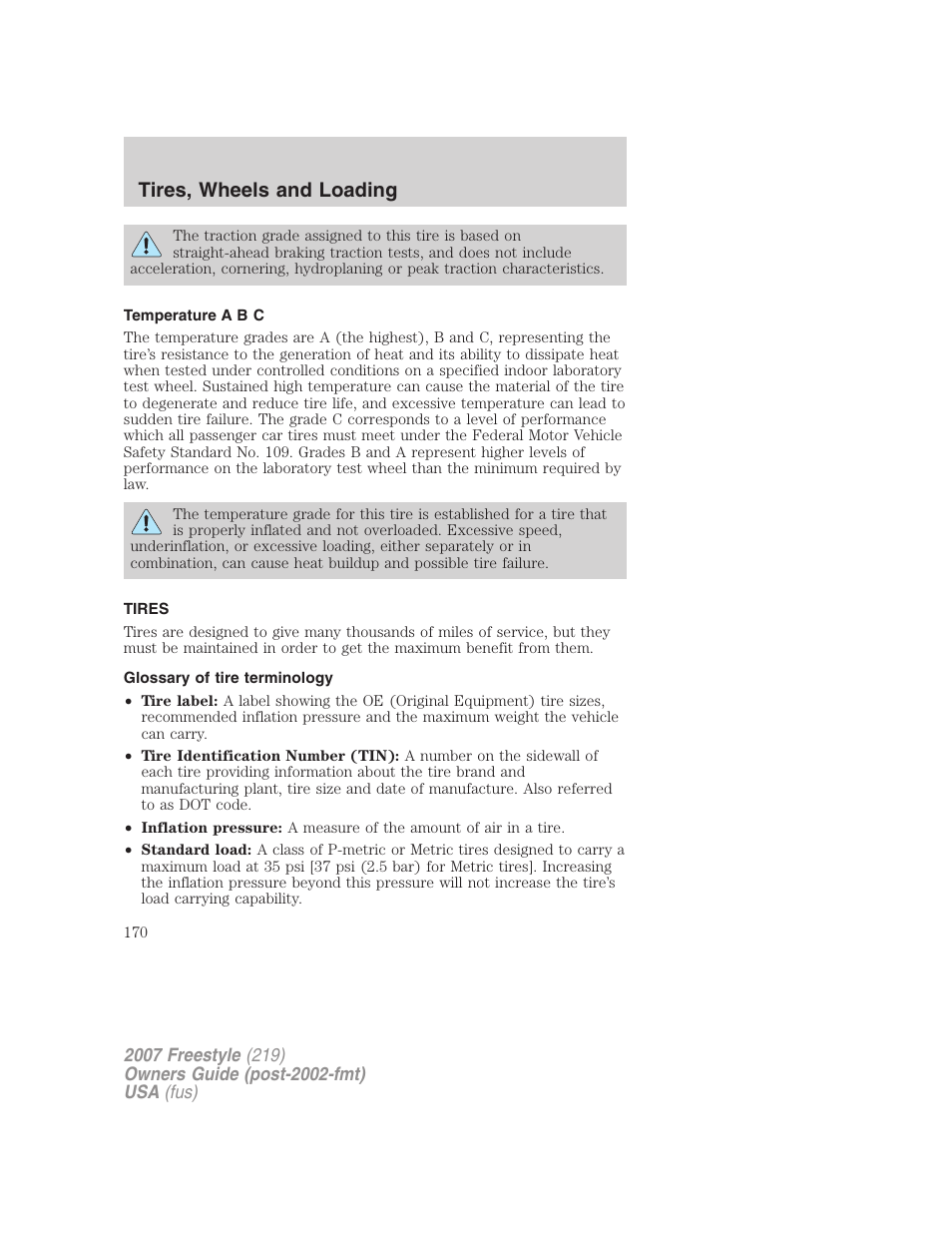 Temperature a b c, Tires, Glossary of tire terminology | Tires, wheels and loading | FORD 2007 Freestyle v.1 User Manual | Page 170 / 296