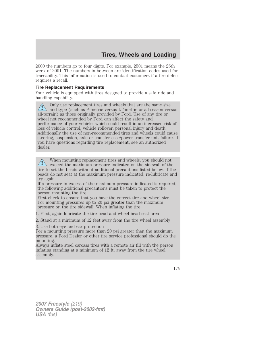 Tire replacement requirements, Tires, wheels and loading | FORD 2007 Freestyle v.1 User Manual | Page 175 / 296