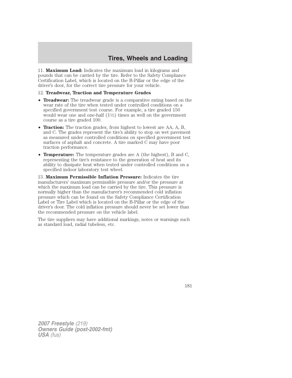 Tires, wheels and loading | FORD 2007 Freestyle v.1 User Manual | Page 181 / 296
