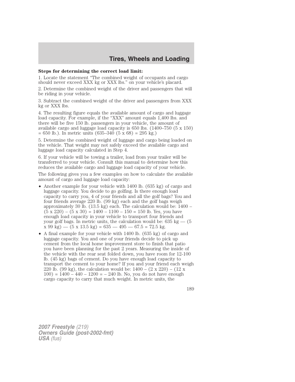 Tires, wheels and loading | FORD 2007 Freestyle v.1 User Manual | Page 189 / 296