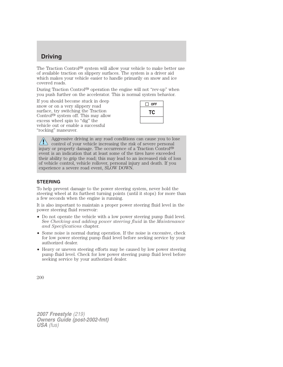 Steering, Driving | FORD 2007 Freestyle v.1 User Manual | Page 200 / 296