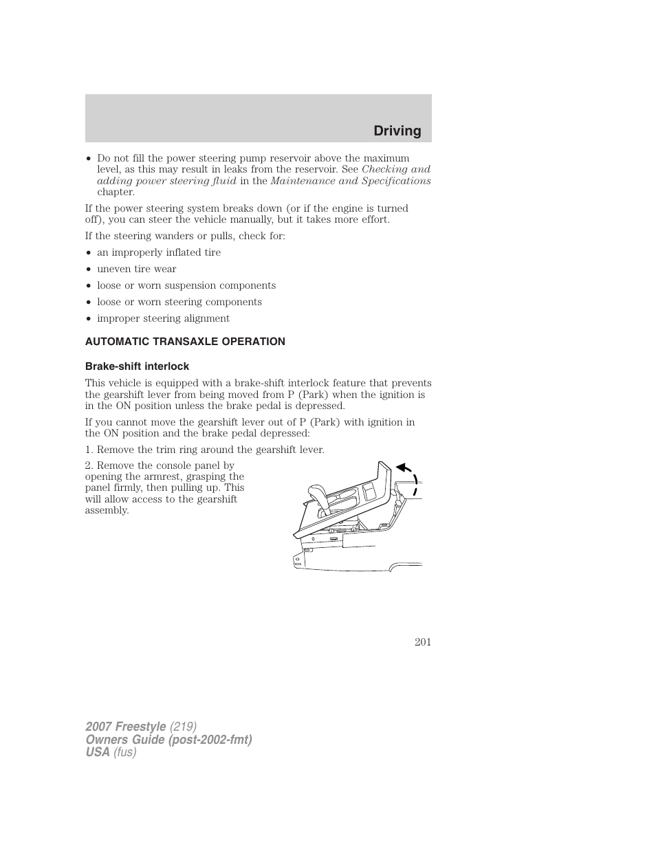 Automatic transaxle operation, Brake-shift interlock, Transmission operation | Driving | FORD 2007 Freestyle v.1 User Manual | Page 201 / 296