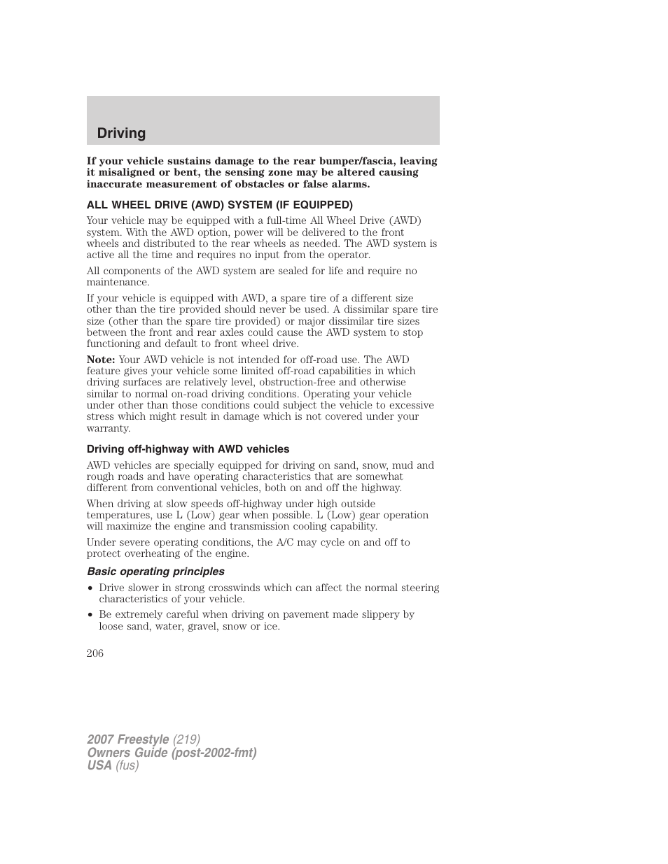 All wheel drive (awd) system (if equipped), Driving off-highway with awd vehicles, Basic operating principles | Driving | FORD 2007 Freestyle v.1 User Manual | Page 206 / 296
