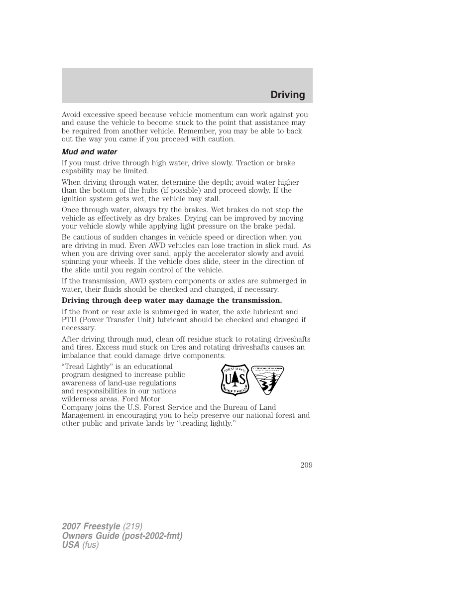 Mud and water, Driving | FORD 2007 Freestyle v.1 User Manual | Page 209 / 296