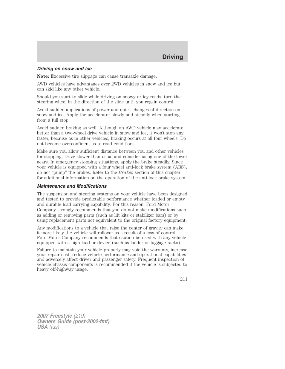 Driving on snow and ice, Maintenance and modifications, Driving | FORD 2007 Freestyle v.1 User Manual | Page 211 / 296