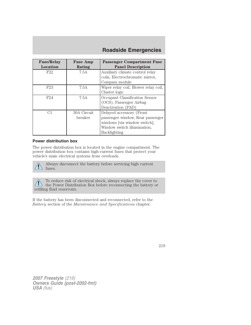 Power distribution box, Roadside emergencies | FORD 2007 Freestyle v.1 User Manual | Page 219 / 296